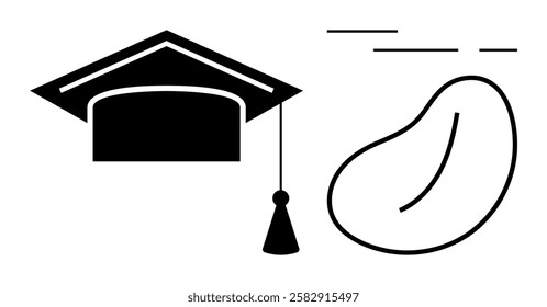 Graduation cap and abstract bean symbol representing learning and growth. Ideal for education, academics, school, college, university, graduations, and educational achievements. Banner for landing