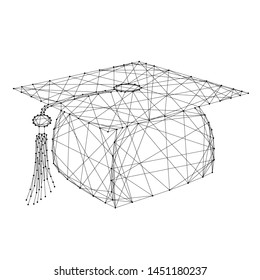 Graduation cap from abstract futuristic polygonal black lines and dots. Vector illustration.