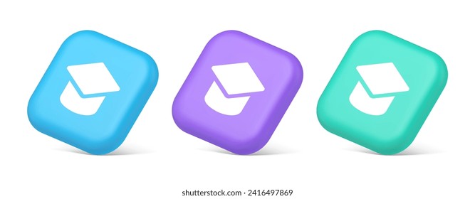 Graduation cap academic education e learning button wisdom knowledge 3d realistic blue purple and green icons. College university achievement student uniform hat web app design