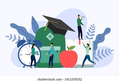 Graduation cap, apple, clock, bag and book with human concepts, education vector illustration