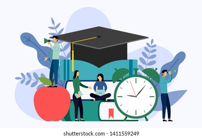 Graduation cap, apple, clock and book with human concepts, education vector illustration