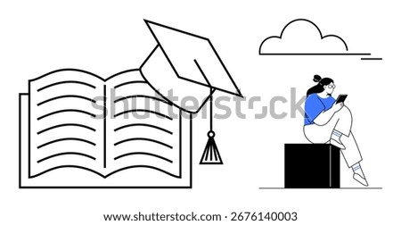 Graduation cap atop an open book opposite a student reading on a block with a cloud overhead. Ideal for education, graduation, learning, study, academic achievement, knowledge, and schooling themes