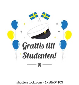 Graduation cap with balloon and flag of Sweden, Greeting Card vector illustration. Swedish Translation: " Congratulations on graduation! "