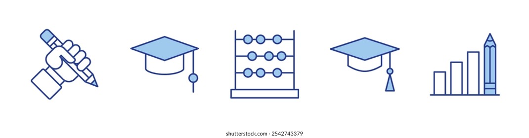 Graduierungskappe, Balkendiagramm, Bleistift, Mörtelplatte, Abakus. Symbol, Vektorgrafik. Duotone-Linienstil. Bearbeitbarer Strich.