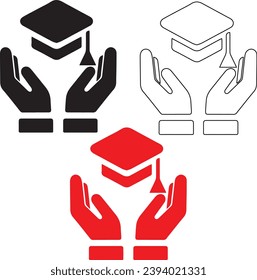 Tapa de graduación entre manos. Estilo de arte de línea blanca y negra, archivo vectorial editable sobre fondo transparente. Educación, seguros, concepto de apoyo