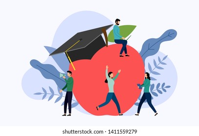 Graduation cap and big apple with human concepts, education vector illustration