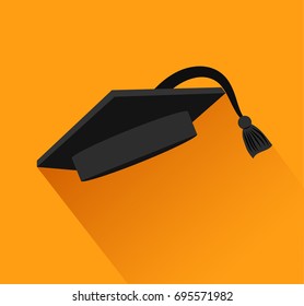 graduation cap with black cord over orange background. colorful design. vector illustration