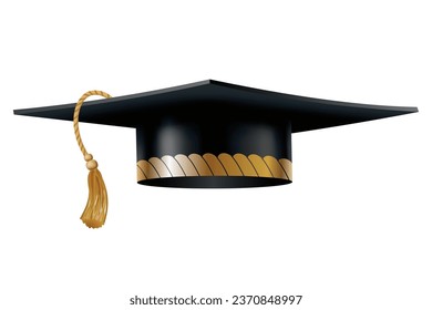 Graduation cap. Black educational student hat with golden tassel. Element for degree ceremony and educational programs design. College, high school or university cap isolated on white background