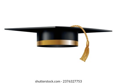 Graduation cap. Black educational student hat with golden tassel. Element for degree ceremony and educational programs design. College, high school or university cap isolated on white background