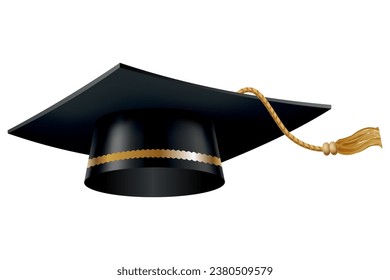 Límite de graduación. Sombrero de estudiante de educación negra con tacón dorado. Elemento para la ceremonia de licenciatura y diseño de programas educativos. Colegio, secundaria o universitario aislado de fondo blanco