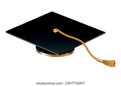 Límite de graduación. Sombrero de estudiante de educación negra con tacón dorado. Elemento para la ceremonia de licenciatura y diseño de programas educativos. Colegio, secundaria o universitario aislado de fondo blanco