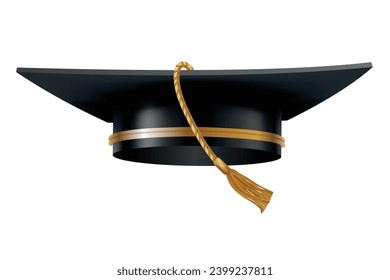 Graduation cap. Black educational student hat with golden tassel. Element for degree ceremony and educational programs design. College, high school or university cap isolated on white background