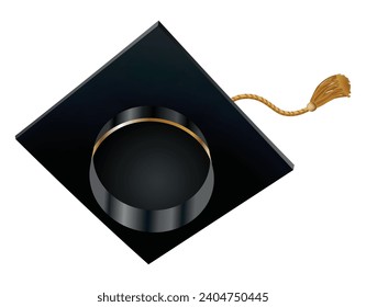 Graduation cap. Black educational student hat with golden tassel. Element for degree ceremony and educational programs design. College, high school or university cap isolated on white background