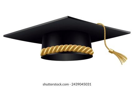 Tapa de graduación. Sombrero de estudiante educativo negro con borla dorada. Elemento para la ceremonia de grado y el diseño de programas educativos. Colegio, escuela secundaria o universidad cap aislado sobre fondo blanco