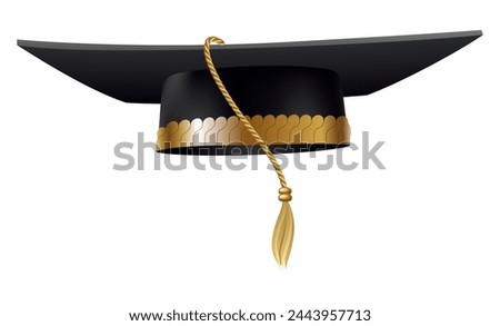 Graduation cap. Black educational student hat with golden tassel. Element for degree ceremony and educational programs design. College, high school or university cap isolated on white background