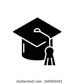 Graduation cap black icon, concept illustration, vector flat symbol, glyph sign.