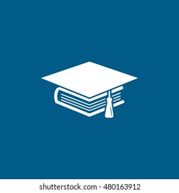Graduation Cap And Book Flat Icon On Blue Background