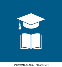 Graduation Cap And Book Flat Icon On Blue Background
