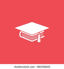 Graduation Cap And Book Flat Icon On Red Background