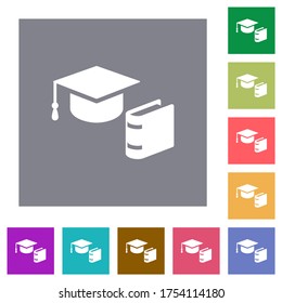 Graduation cap with book flat icons on simple color square backgrounds