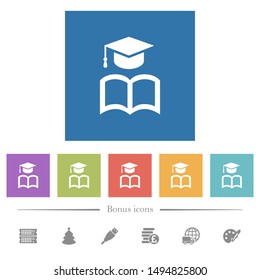 Graduation cap with book flat white icons in square backgrounds. 6 bonus icons included.