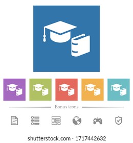 Tapa de graduación con iconos blancos planos en fondos cuadrados. 6 iconos de bonificación incluidos.