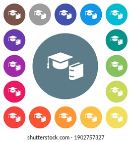 Graduation cap with book flat white icons on round color backgrounds. 17 background color variations are included.