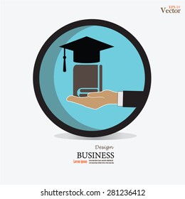 graduation cap and book in hand on gray background.hand with book and graduation cap icon.vector illustration.