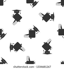 Graduation cap and book icon isolated seamless pattern on white background. Flat design. Vector Illustration