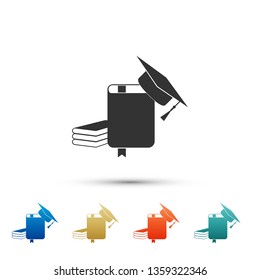 Graduation cap and book icon isolated on white background. Set elements in color icons. Vector Illustration