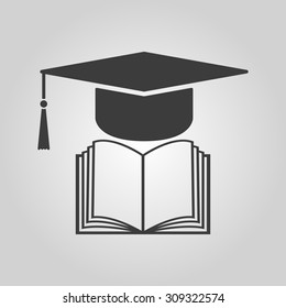 The graduation cap and book icon. School and university, learning, education symbol. Flat Vector illustration