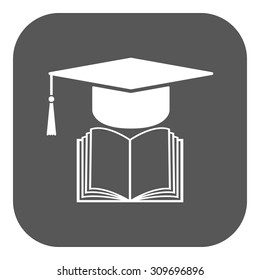 The graduation cap and book icon. School and university, learning, education symbol. Flat Vector illustration. Button