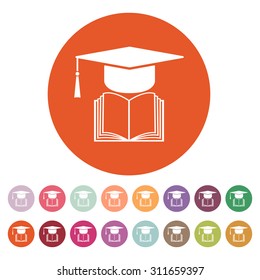 The graduation cap and book icon. School and university, learning, education symbol. Flat Vector illustration. Button Set