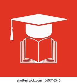 The graduation cap and book icon. School and university, learning, education symbol. Flat Vector illustration