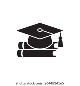 Graduation Cap and Book Icons Set. Black Silhouette Education Symbols for Academic Success, Learning, and Knowledge