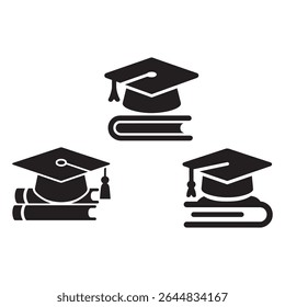 Graduation Cap and Book Icons Set. Black Silhouette Education Symbols for Academic Success, Learning, and Knowledge