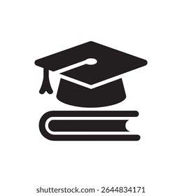 Graduation Cap and Book Icons Set. Black Silhouette Education Symbols for Academic Success, Learning, and Knowledge