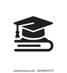 Graduation Cap and Book Icons Set. Black Silhouette Education Symbols for Academic Success, Learning, and Knowledge