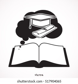 graduation cap and book isolated on white background, speech bubble