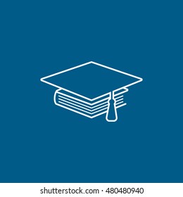 Graduation Cap And Book Line Icon On Blue Background