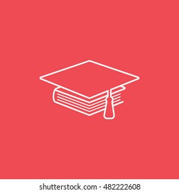Graduation Cap And Book Line Icon On Red Background