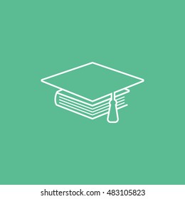 Graduation Cap And Book Line Icon On Green Background