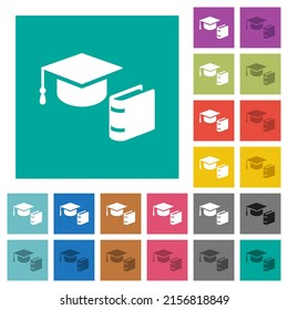 Graduationsmütze mit mehrfarbigen Flachikonen auf einfarbigem Hintergrund. Weiße und dunklere Icon-Variationen für Hover oder aktive Effekte.