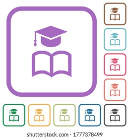 Graduation cap with book simple icons in color rounded square frames on white background