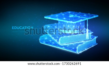 Graduation cap and books. Abstract Low Polygonal Student hat with books. E-learning concept. Innovative online education. Distance graduate certificate program. Academic study. Vector illustration.