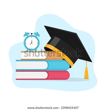 Graduation cap, books and alarm clock. Education and passing exams concept flat illustration.