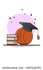 Graduation cap, books and basketball cartoon illustration