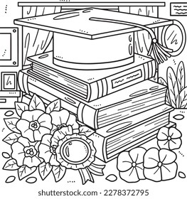 Graduation Cap with Books Coloring Page for Kids