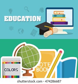 graduation cap books colors computer diploma pencil back to shool education  icon set. Colorful and flat design. Vector illustration