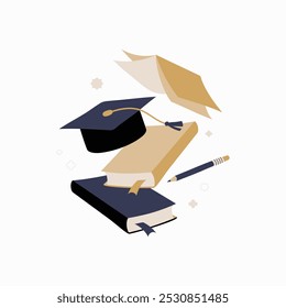 Graduation cap with books and diploma in flat vector illustration symbolizing academic achievement, knowledge, and education, isolated on white background.